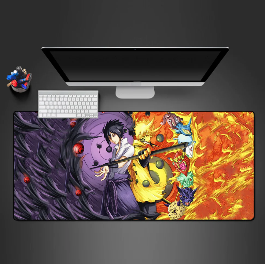 Colorful anime-themed desk mat with a dual design next to a computer setup.