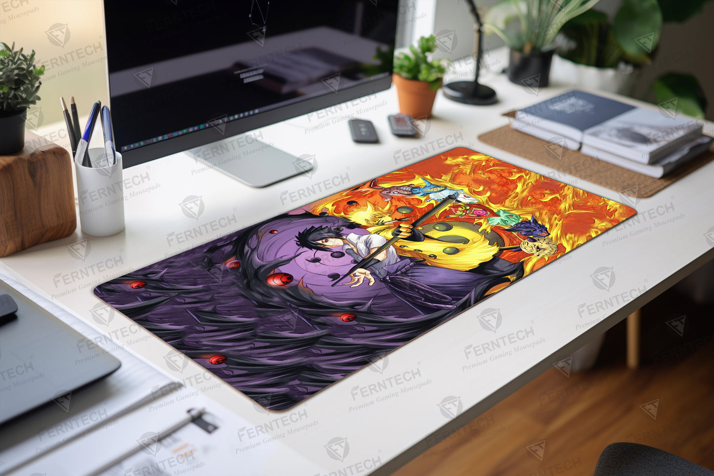 Colorful anime-themed desk mat on a modern office desk with computer and plants.