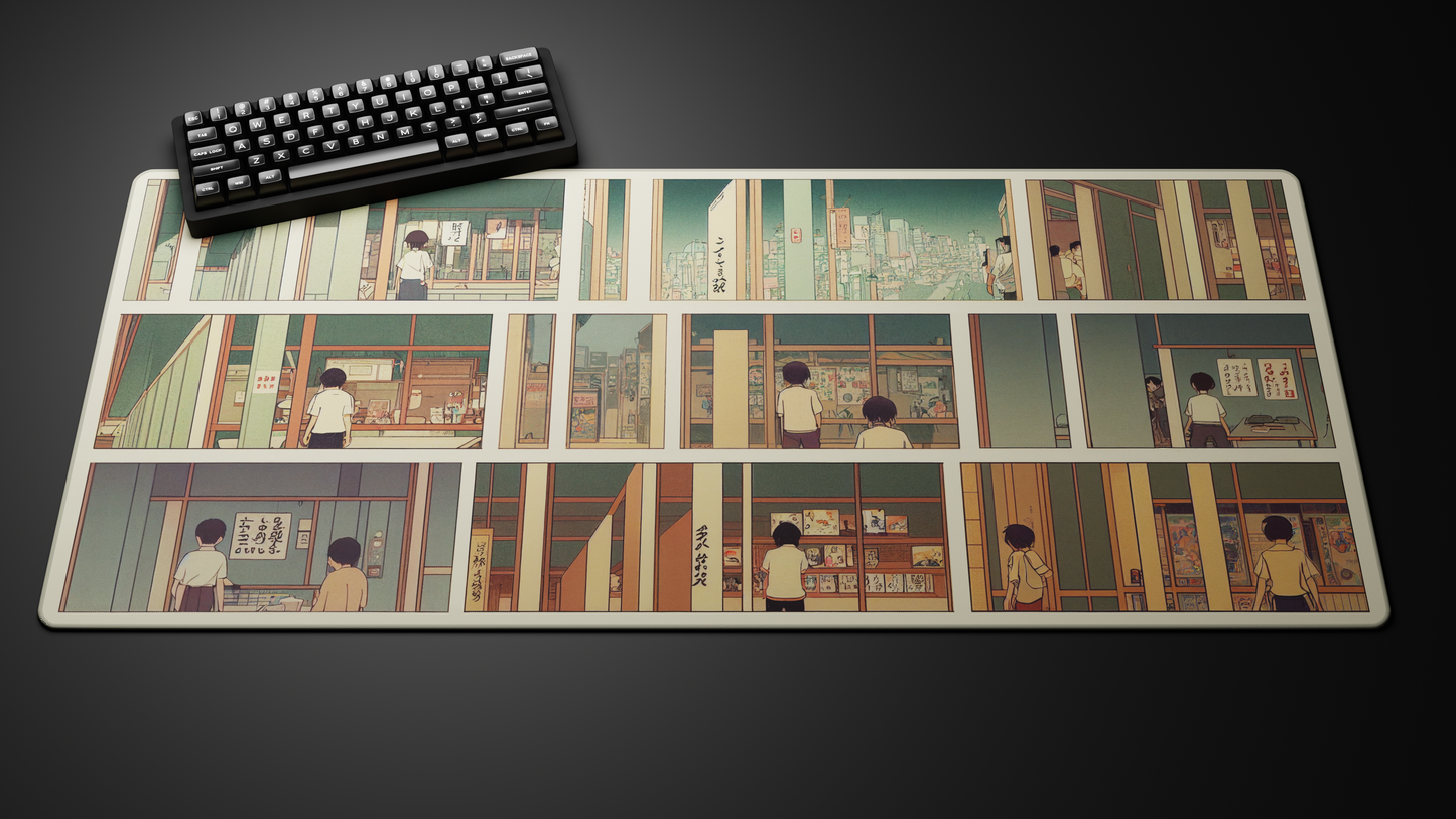 Keyboard on an anime-themed desk mat with comic strip design.