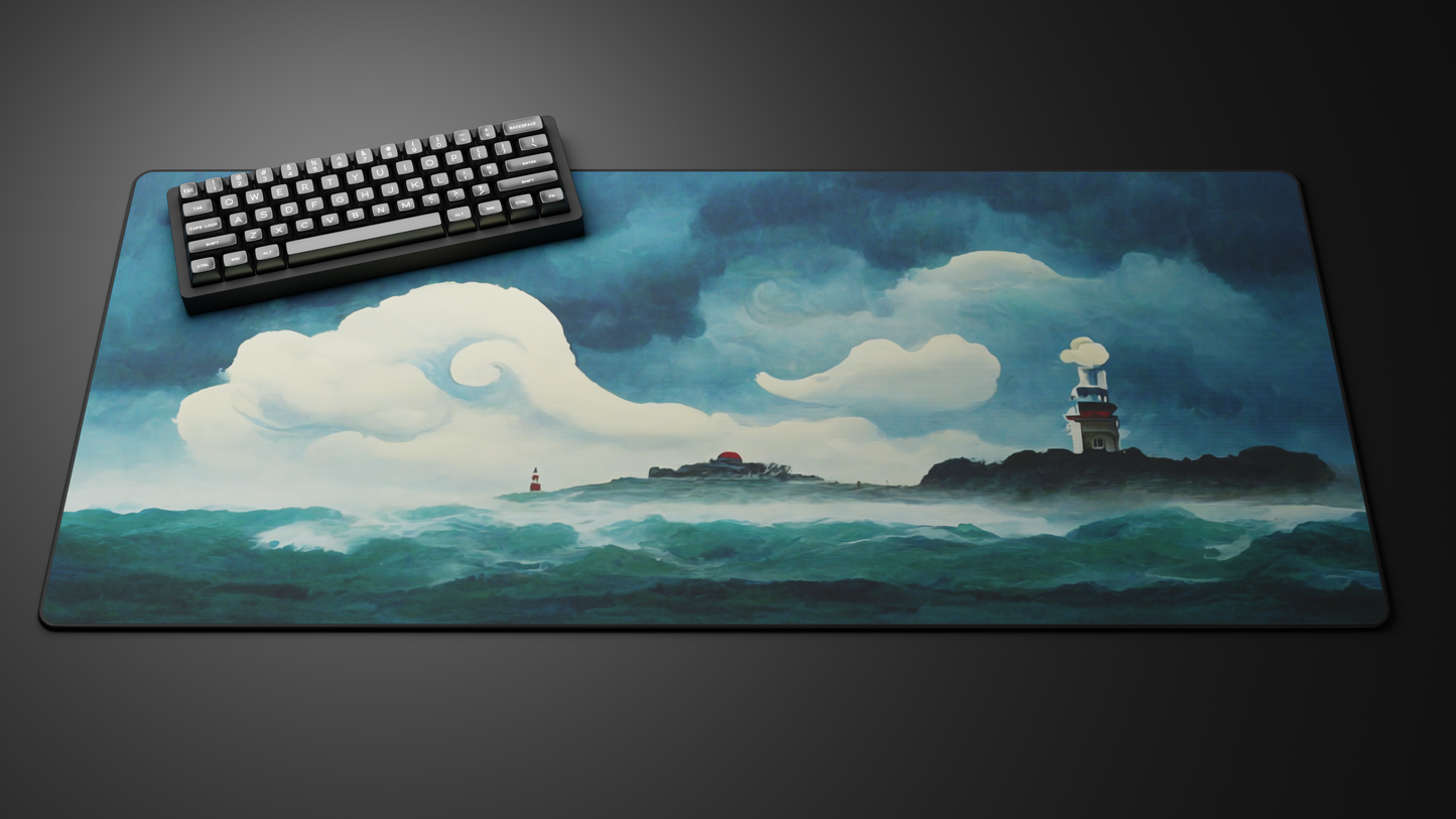 Keyboard on a desk mat with a painted seascape and lighthouse scene