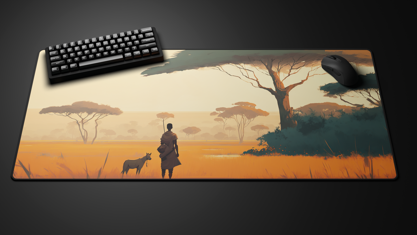 Keyboard and mouse on a desk mat with African landscape design