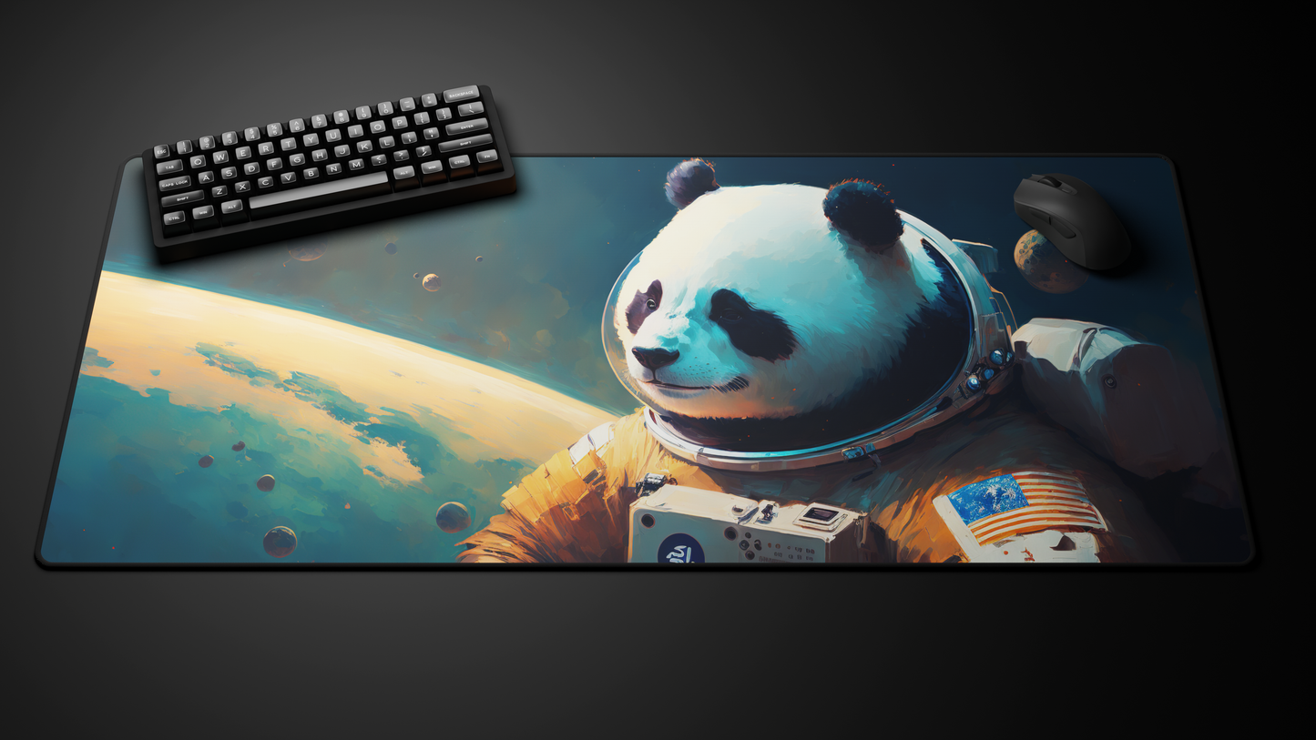 Desk mat with illustration of a panda in a spacesuit, keyboard and mouse on top