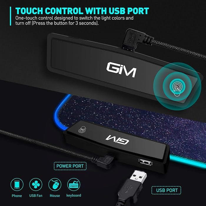 USB powered touch control device with LED lighting and ports for phone, USB fan, mouse, and keyboard.