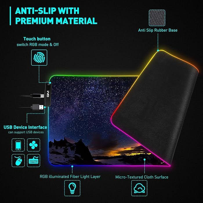 RGB illuminated mouse pad with anti-slip base and USB interface features.